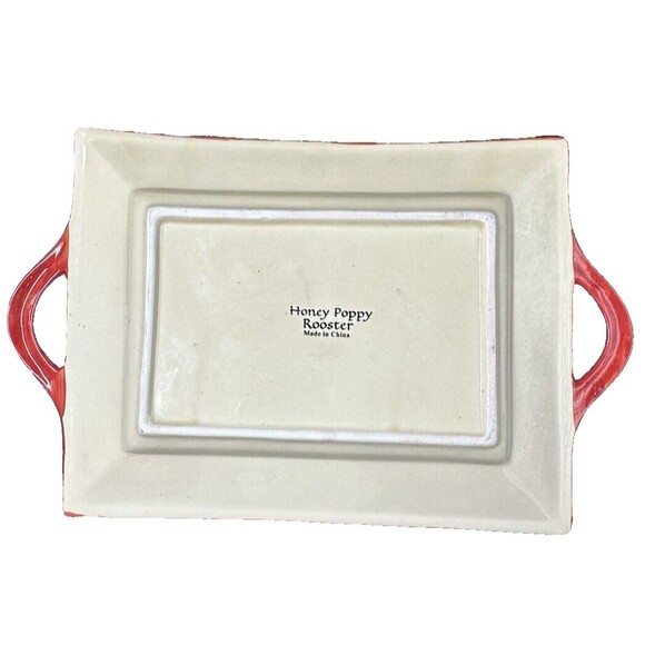 Honey Poppy Rooster Rectangular Platter with Handles Glossed Ceramic 13.5 Inches - Picture 8 of 9